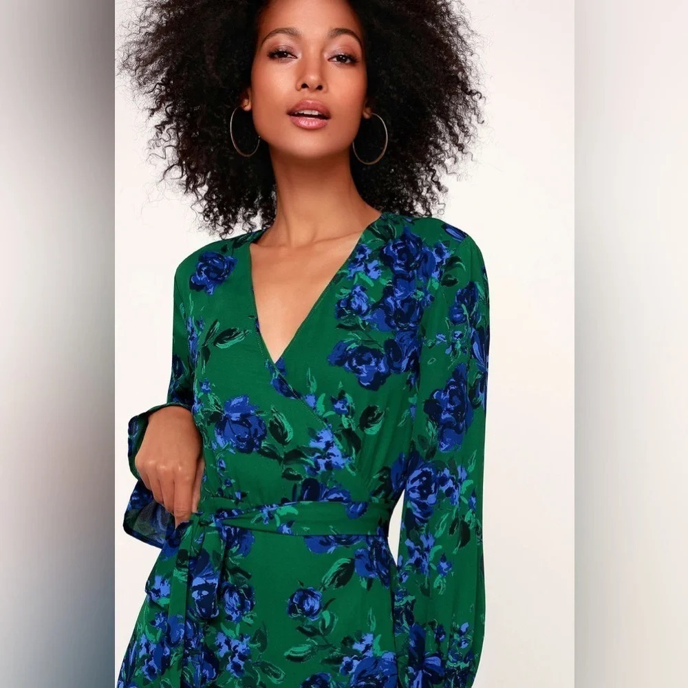LULU’S Romantic Blooms Green Floral Print Midi Wrap Dress